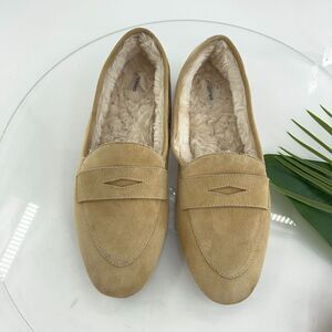 Birdies Womens Size 10.5 The Vesper Penny Loafers Slippers Suede Tan Faux Fur